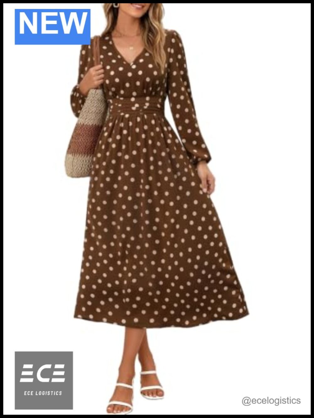 Polka Dot Midi Dress Puff Long Sleeve Smocked Waist A-Line Fall